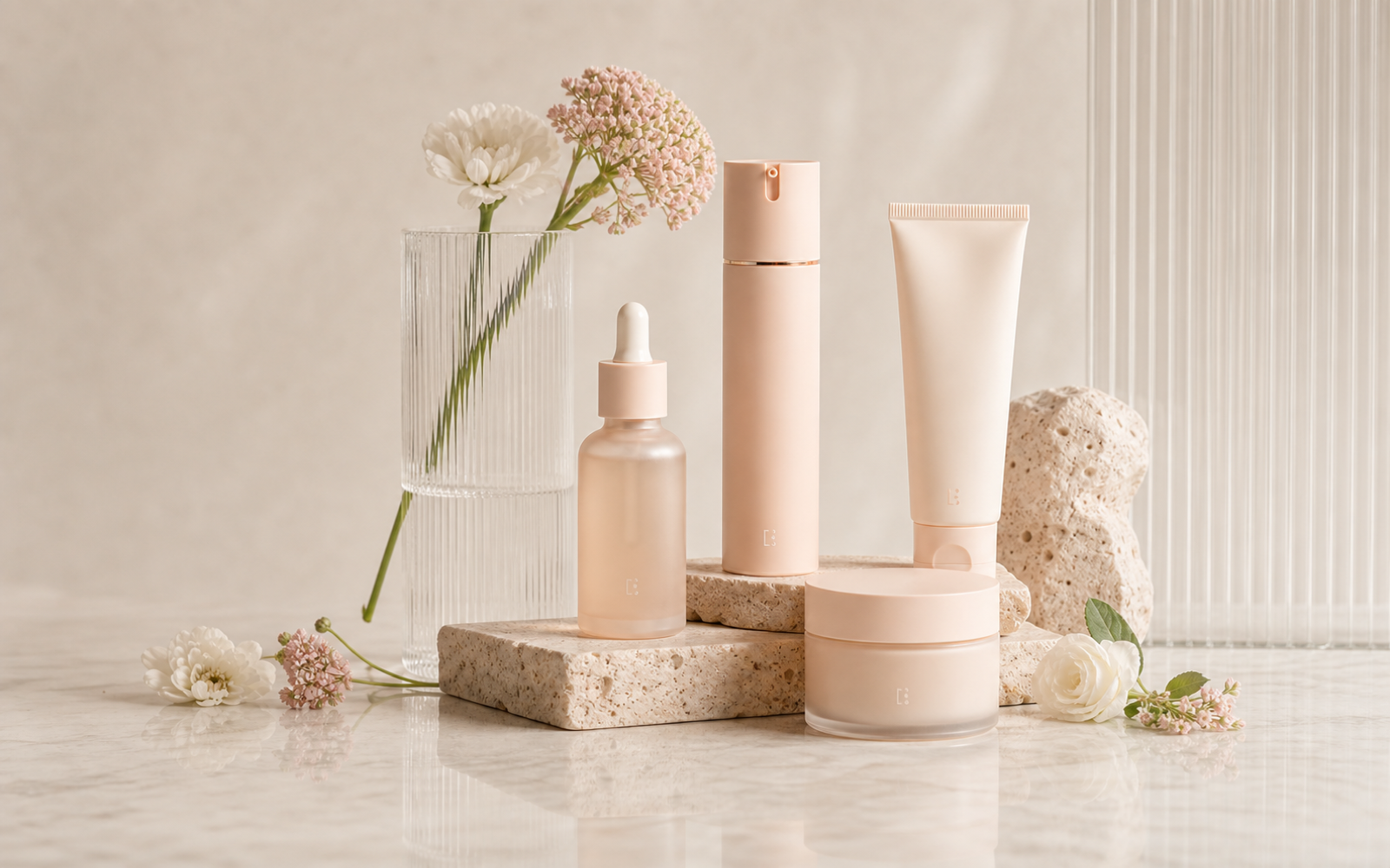 Peach and ivory skincare arranged as a warm gallery still life