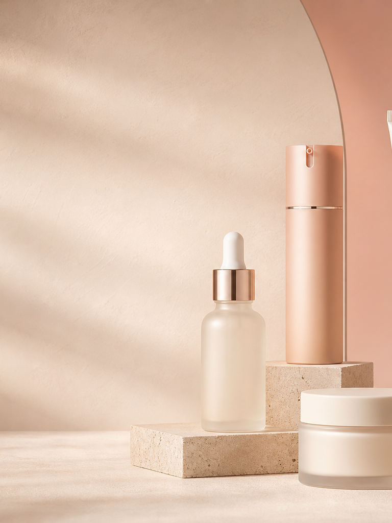 MELEVA skincare arranged for a mobile editorial view
